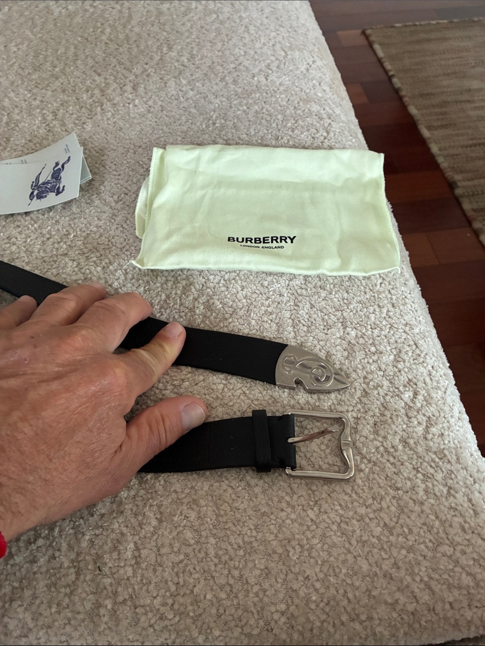 Burberry Black Leather Men’s Belt with Branded Silver Tip and Buckle